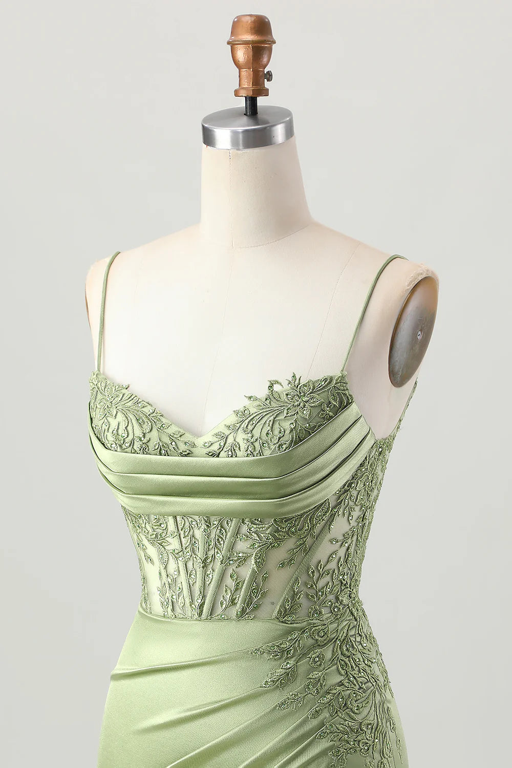 Sage Green Satin Floral Lace Corset Tight Slit Short Homecoming Dress With Lace-Up Back