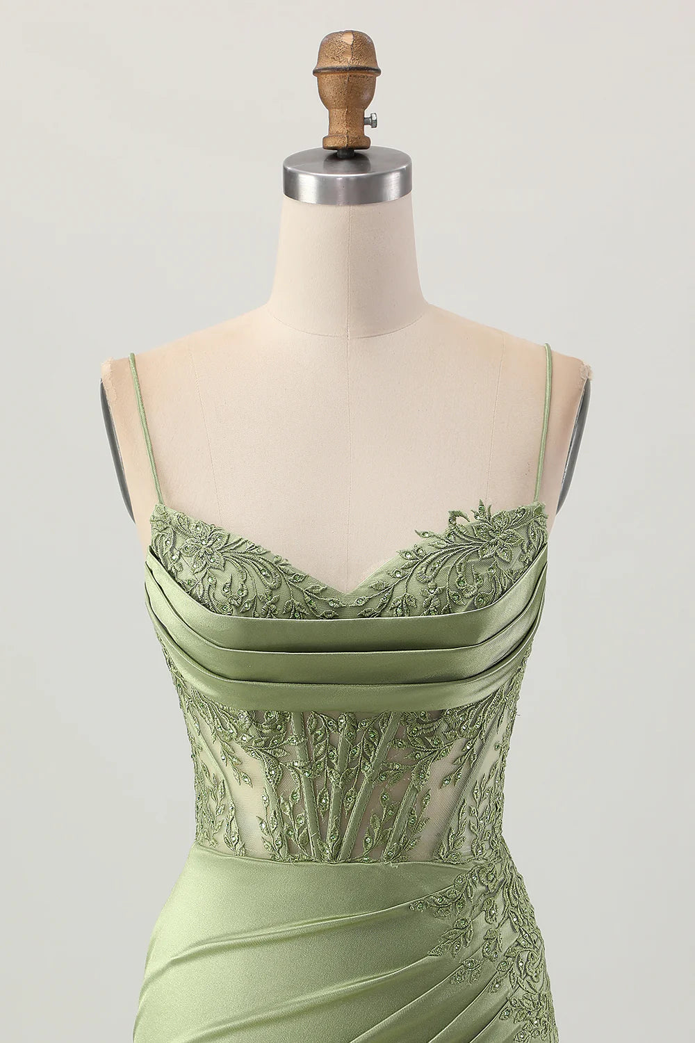 Sage Green Satin Floral Lace Corset Tight Slit Short Homecoming Dress With Lace-Up Back