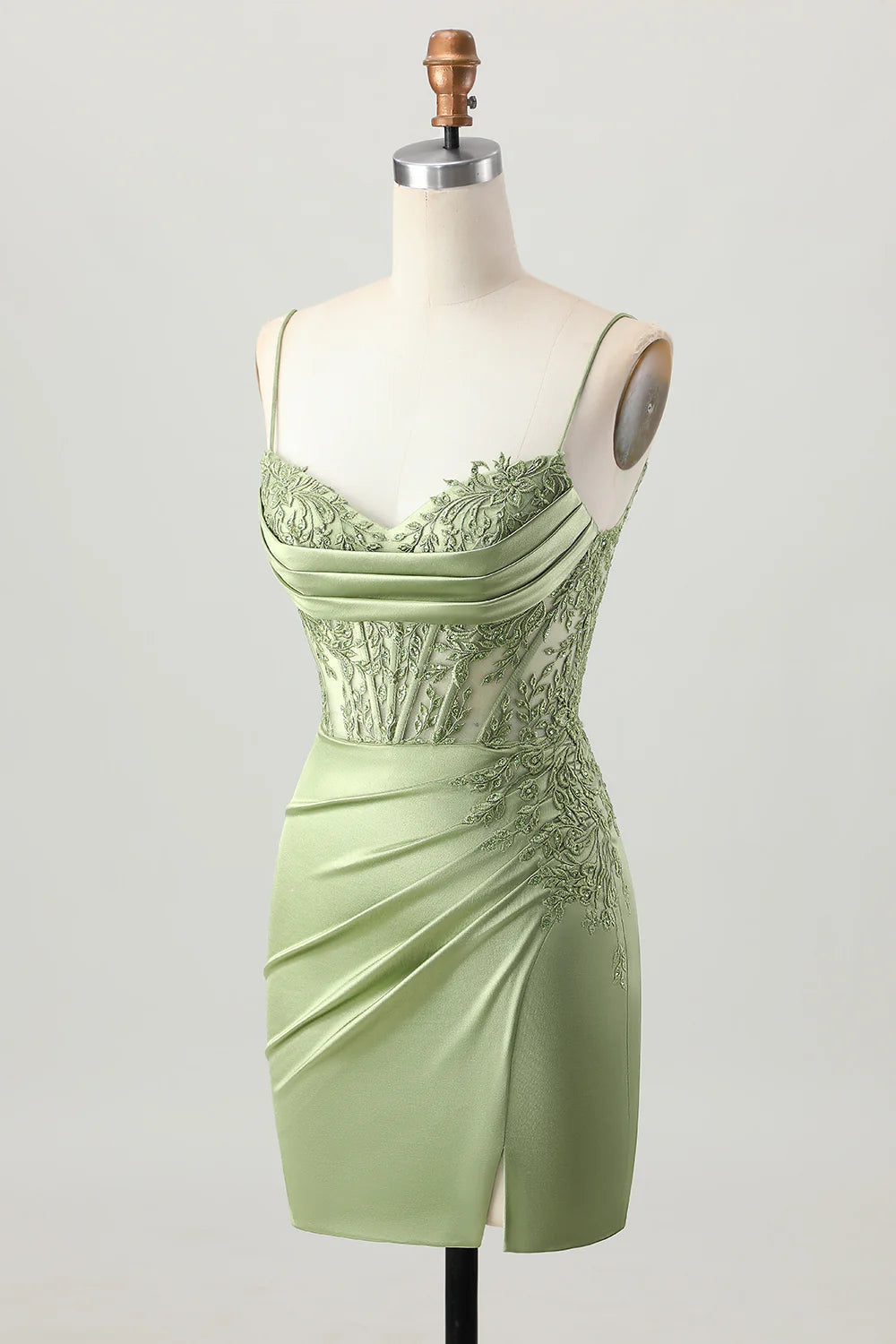 Sage Green Satin Floral Lace Corset Tight Slit Short Homecoming Dress With Lace-Up Back