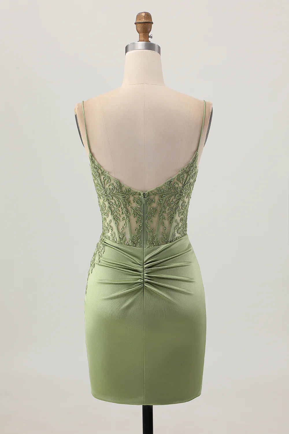 Sage Green Satin Floral Lace Corset Tight Slit Short Homecoming Dress With Lace-Up Back