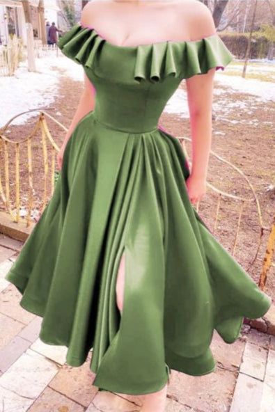 Sage Green Satin Off-the-Shoulder Slit Tea length Bridesmaid Dresses Prom Dress For Women