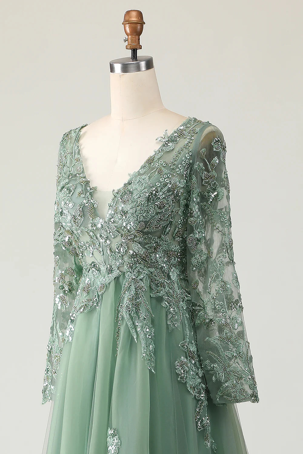 Sage Green Sequins Tulle With Appliques V Neck A-Line Long Sleeves Prom Dress Sage Green Evening Dress
