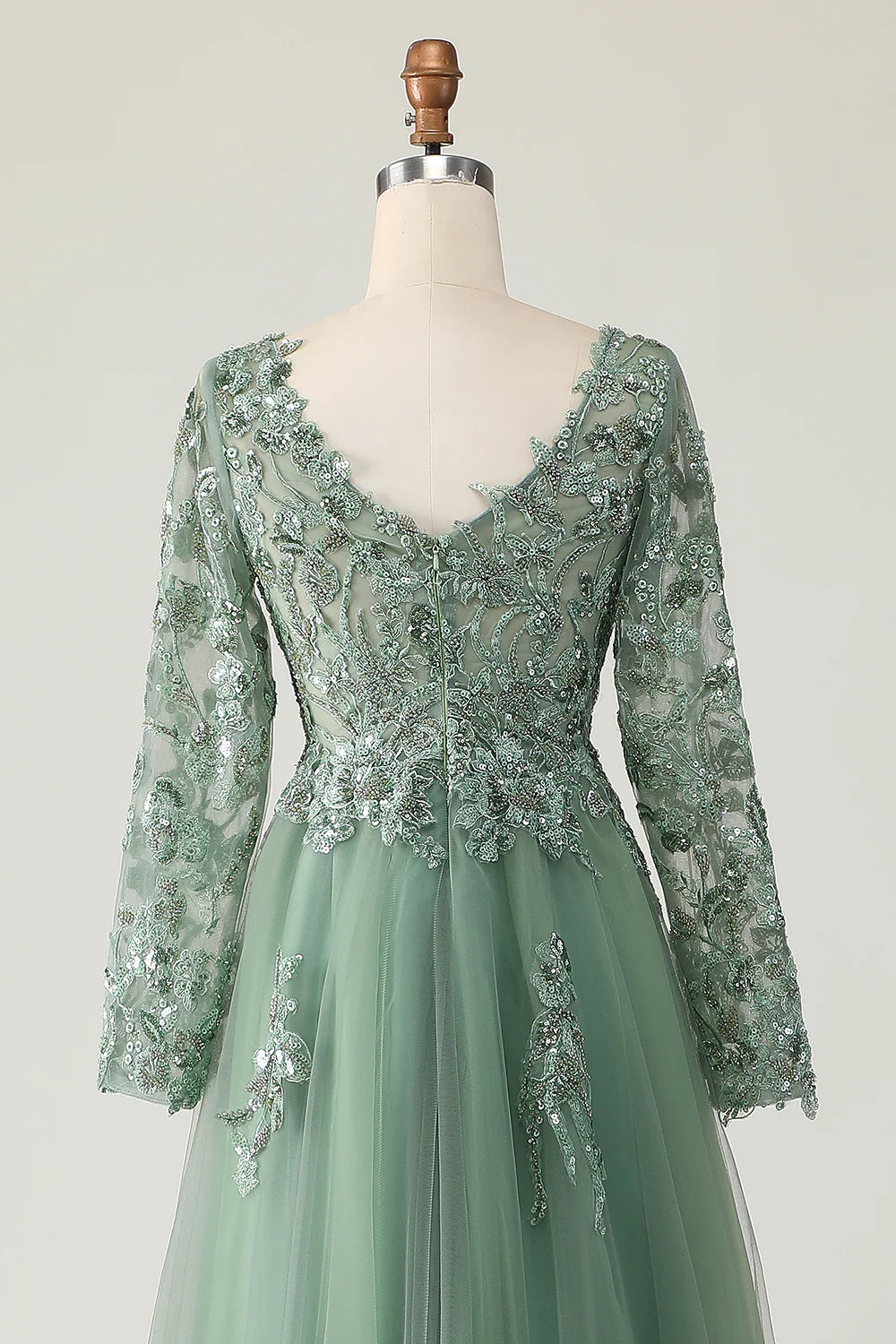 Sage Green Sequins Tulle With Appliques V Neck A-Line Long Sleeves Prom Dress Sage Green Evening Dress