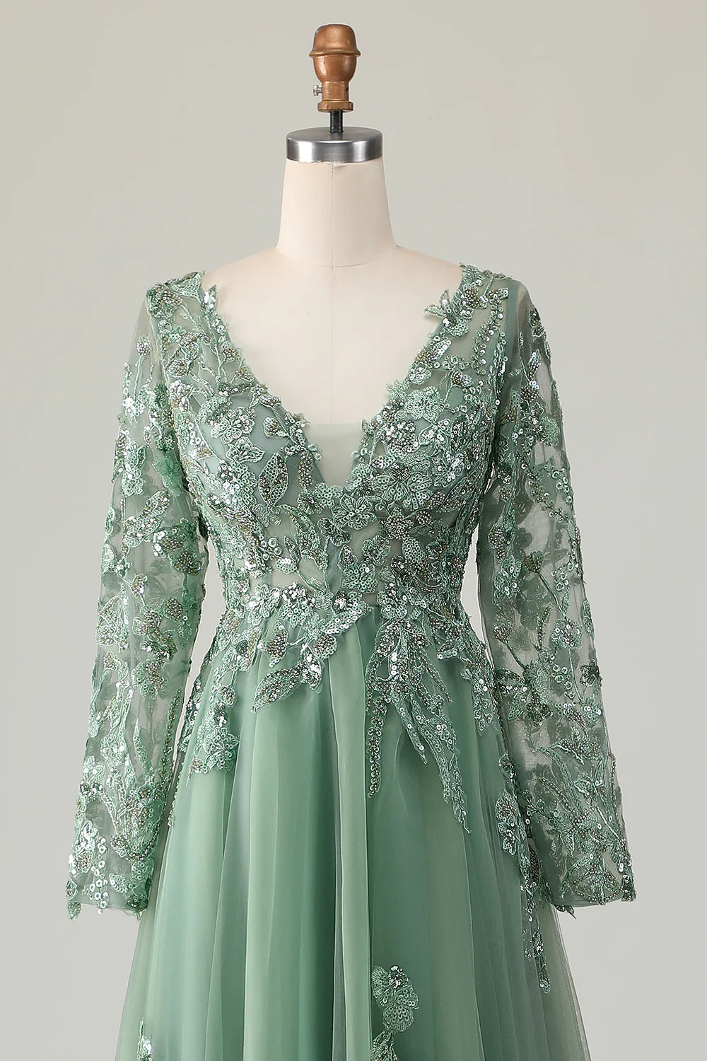 Sage Green Sequins Tulle With Appliques V Neck A-Line Long Sleeves Prom Dress Sage Green Evening Dress