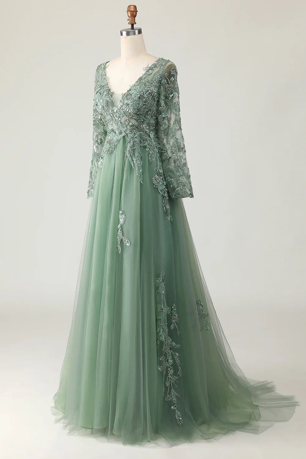 Sage Green Sequins Tulle With Appliques V Neck A-Line Long Sleeves Prom Dress Sage Green Evening Dress