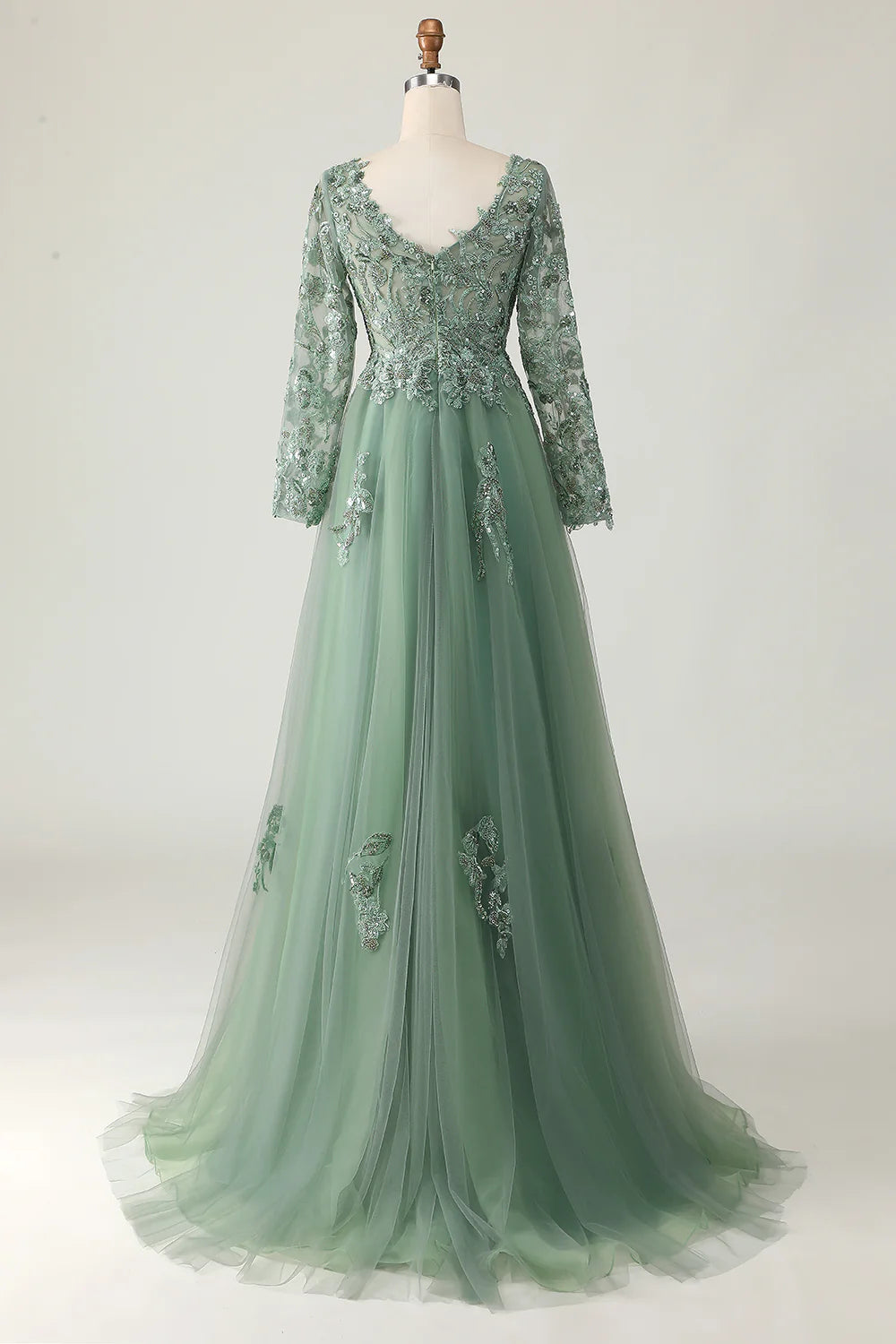 Sage Green Sequins Tulle With Appliques V Neck A-Line Long Sleeves Prom Dress Sage Green Evening Dress