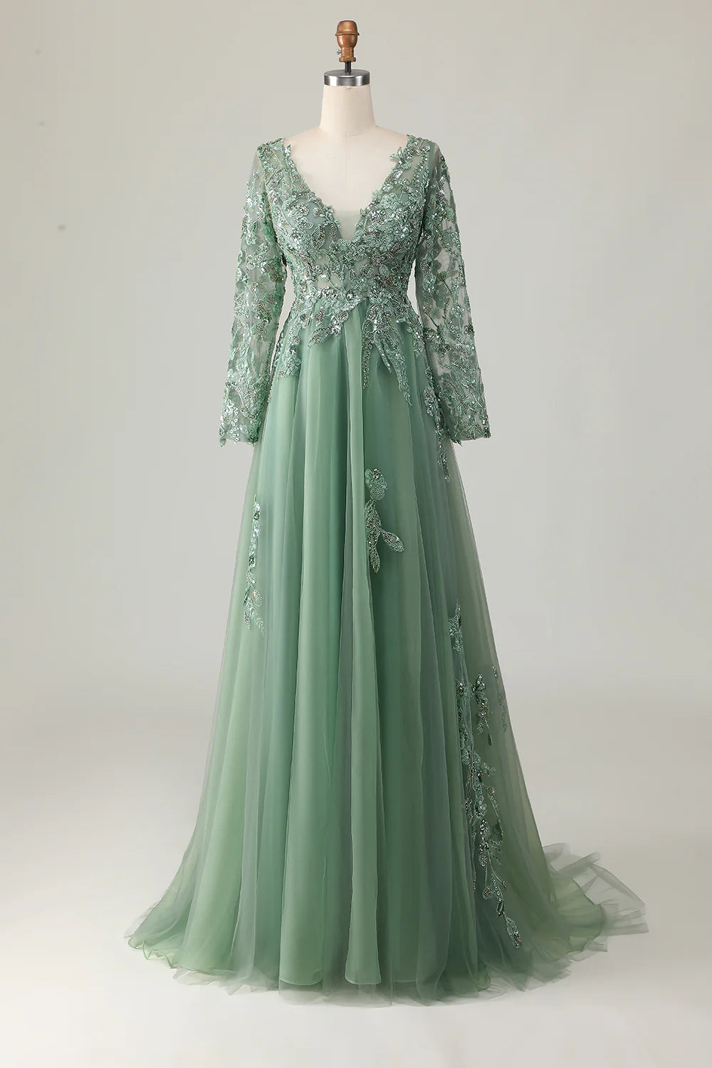Sage Green Sequins Tulle With Appliques V Neck A-Line Long Sleeves Prom Dress Sage Green Evening Dress