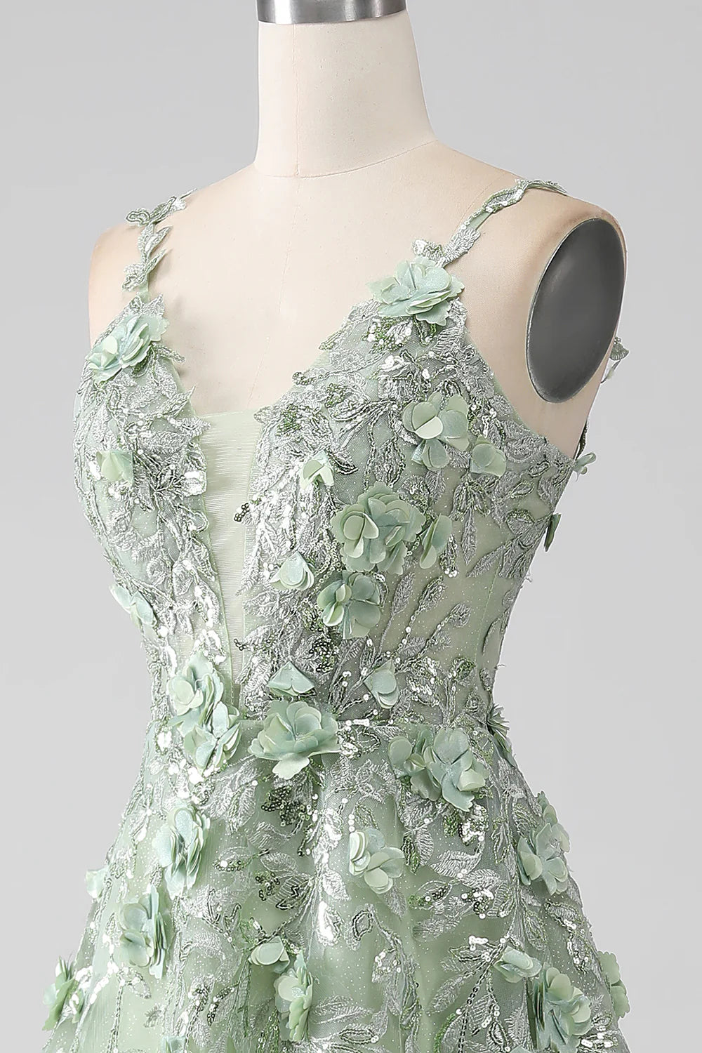 Sage Green Sequins With Applique A-Line Detachable Sleeves Long Corset Prom Dress With Flowers