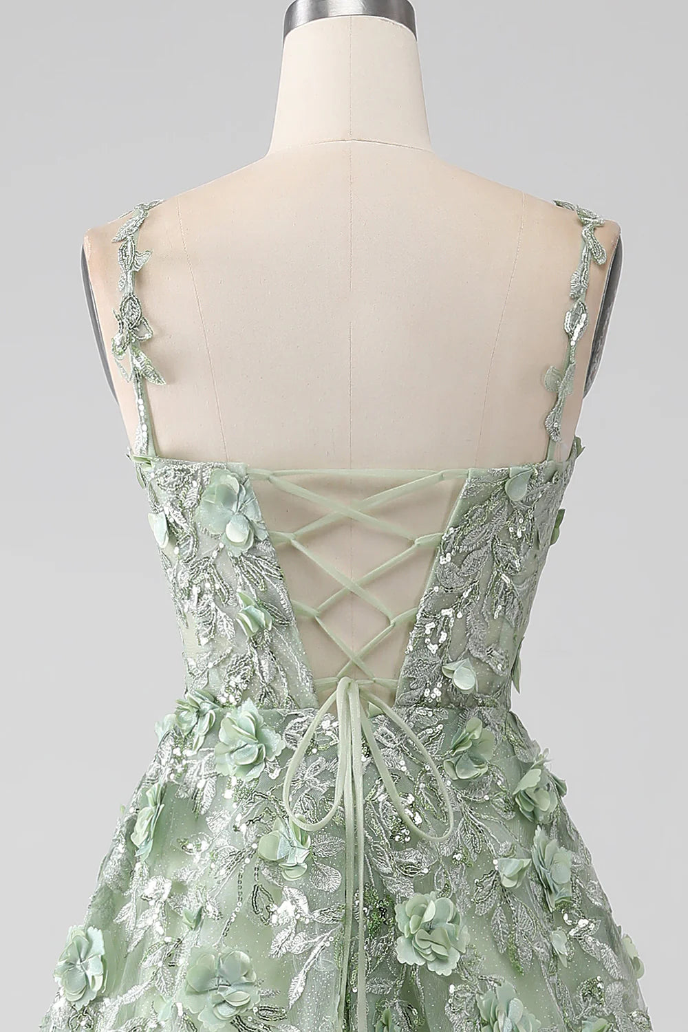 Sage Green Sequins With Applique A-Line Detachable Sleeves Long Corset Prom Dress With Flowers