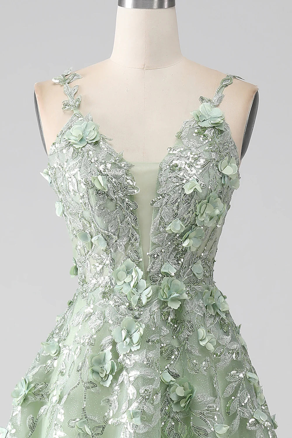 Sage Green Sequins With Applique A-Line Detachable Sleeves Long Corset Prom Dress With Flowers