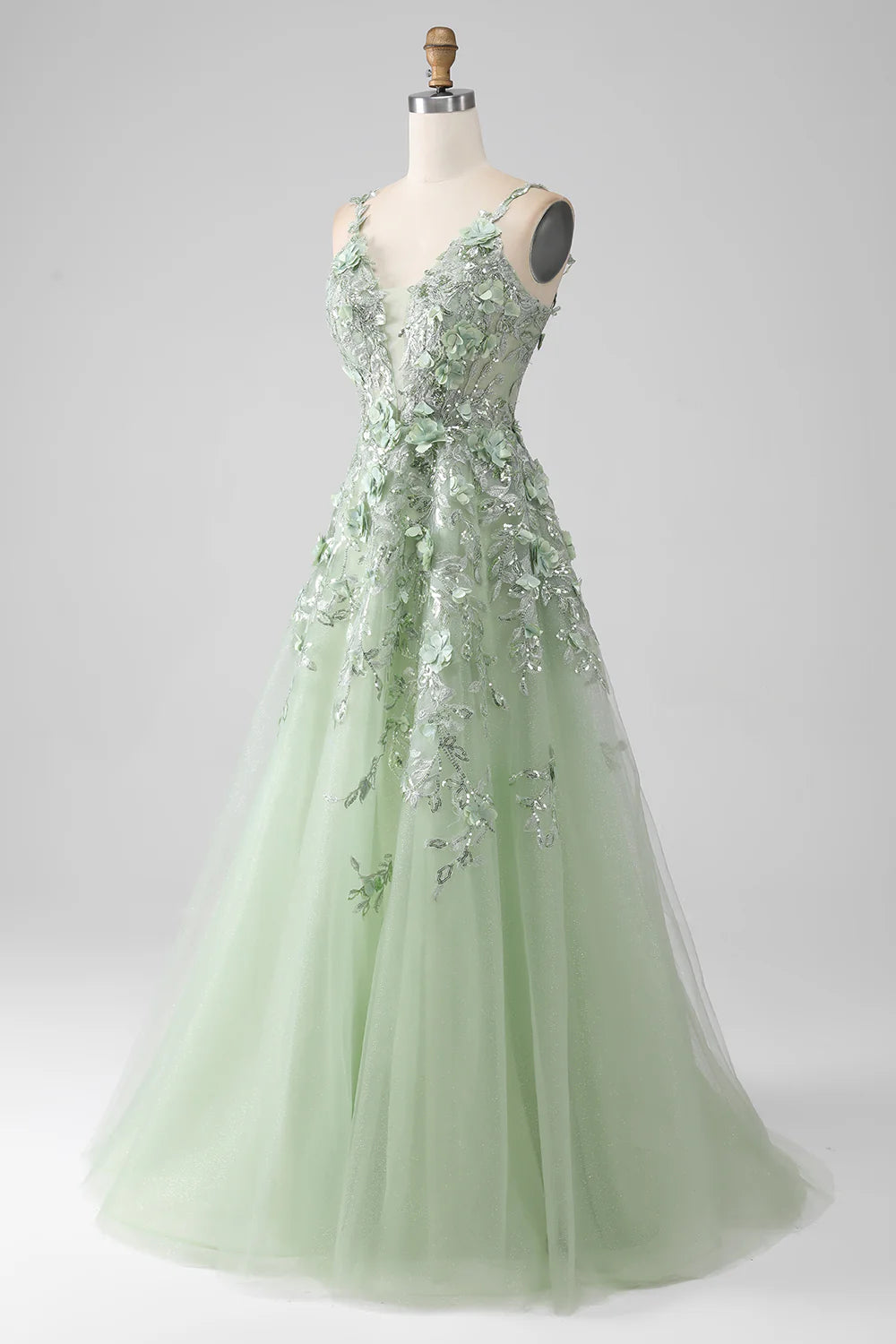 Sage Green Sequins With Applique A-Line Detachable Sleeves Long Corset Prom Dress With Flowers