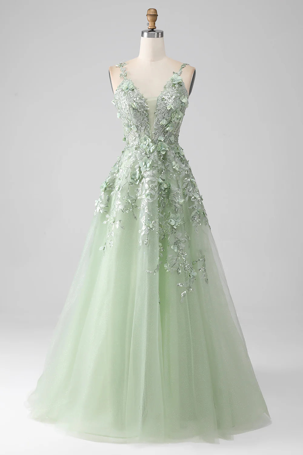 Sage Green Sequins With Applique A-Line Detachable Sleeves Long Corset Prom Dress With Flowers