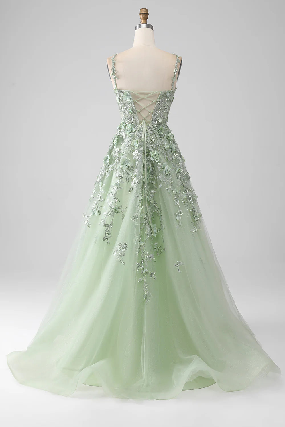 Sage Green Sequins With Applique A-Line Detachable Sleeves Long Corset Prom Dress With Flowers