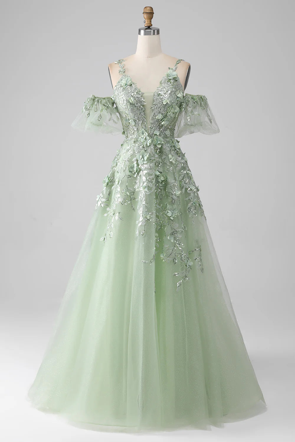Sage Green Sequins With Applique A-Line Detachable Sleeves Long Corset Prom Dress With Flowers