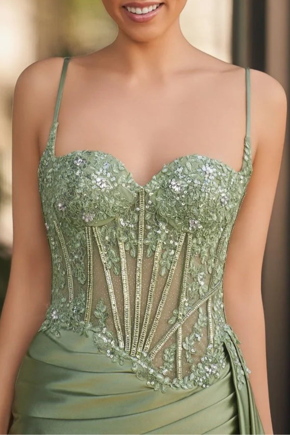 Sage Green Sweetheart Collar Spaghetti Straps Mermaid Appliqued Prom Dress With Split