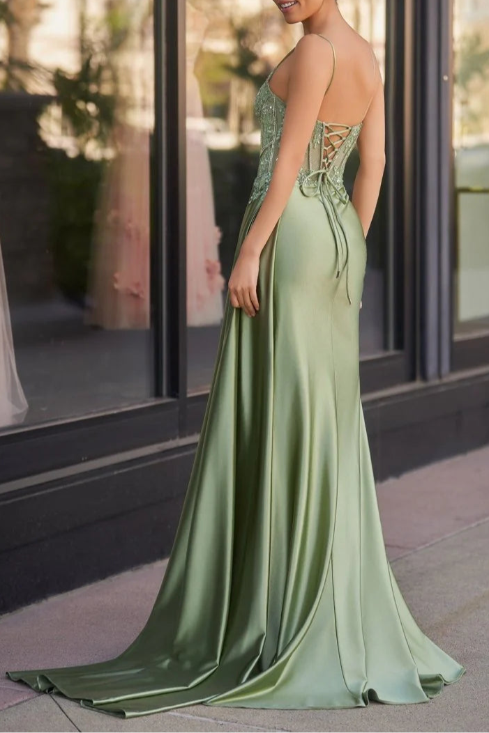 Sage Green Sweetheart Collar Spaghetti Straps Mermaid Appliqued Prom Dress With Split