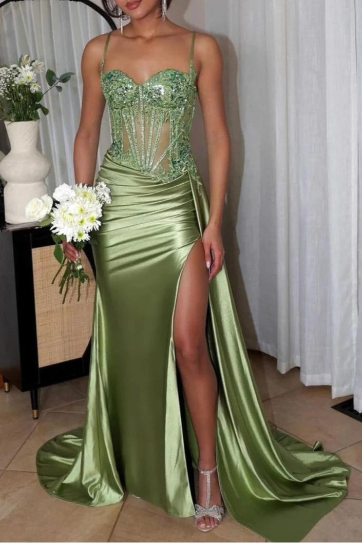 Sage Green Sweetheart Collar Spaghetti Straps Mermaid Appliqued Prom Dress With Split