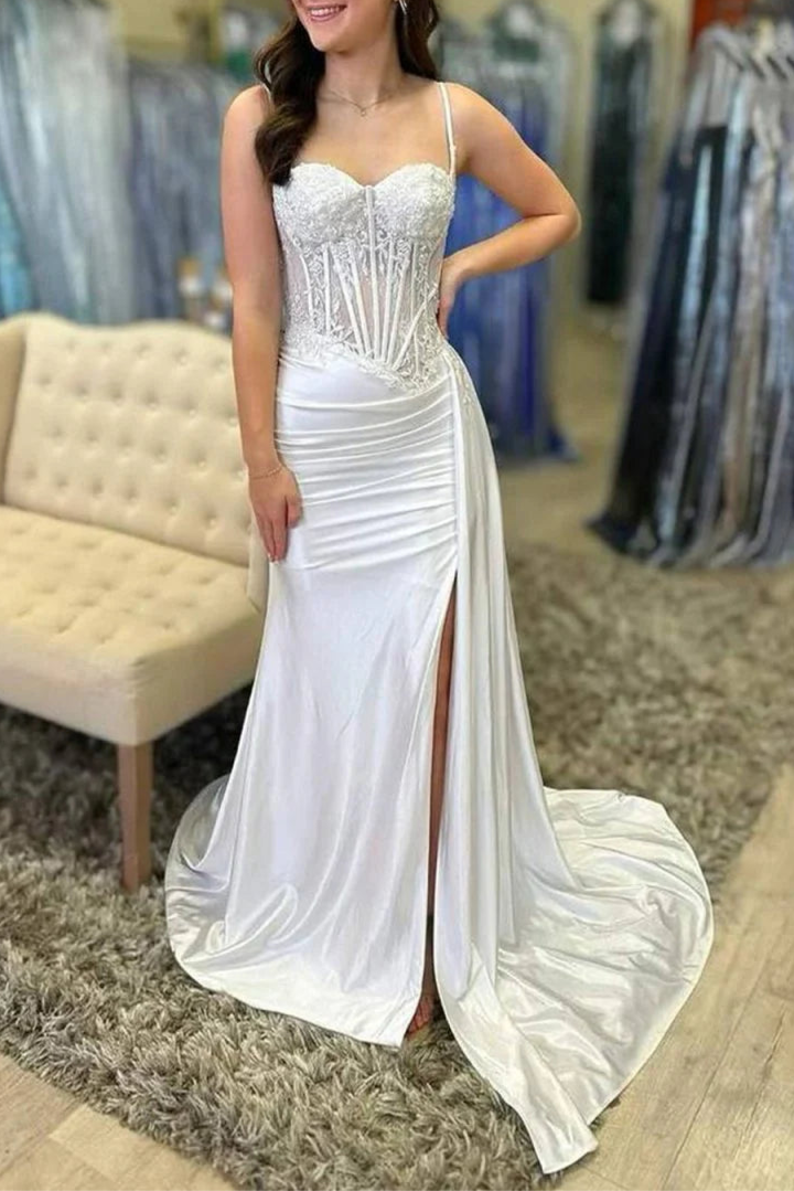 Sage Green Sweetheart Collar Spaghetti Straps Mermaid Appliqued Prom Dress With Split