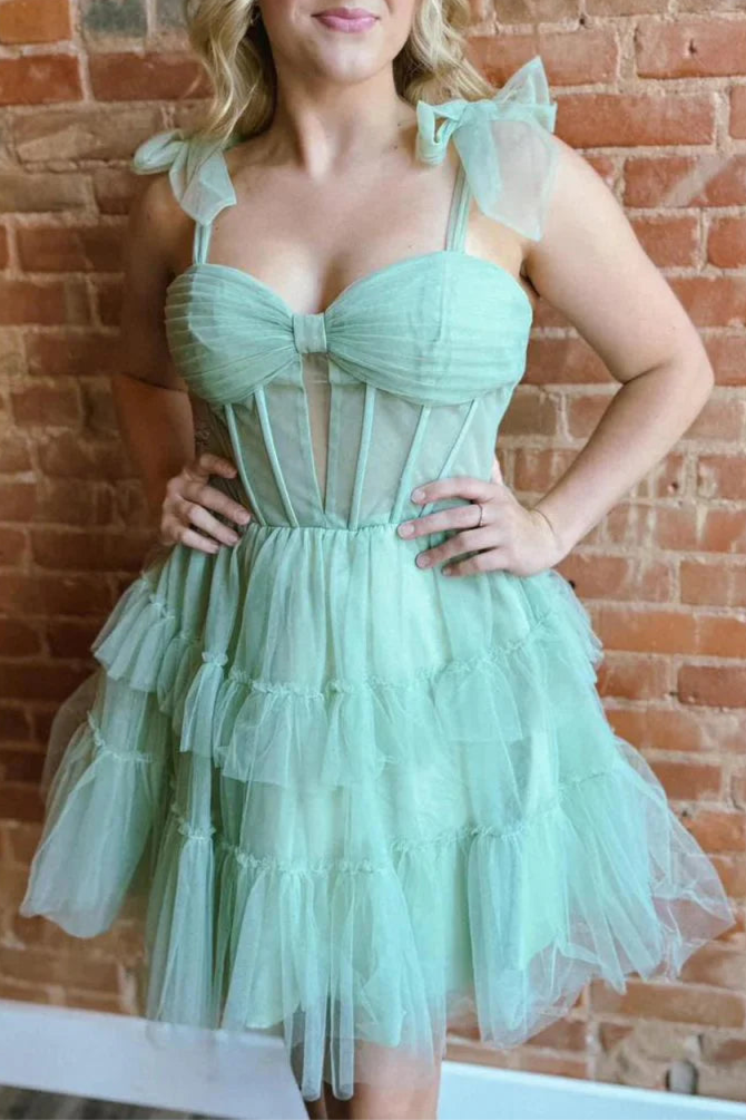 Sage Green Tiered Tulle Ruffles A Line Sweetheart Short Homecoming Dresses With Bow Straps