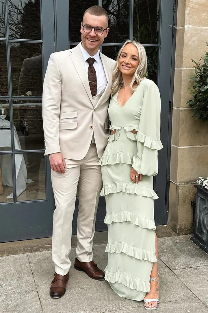 Sage Green V-Neck Ruffle Hollow Balloon Sleeves Maxi Dress Bridesmaid Dresses