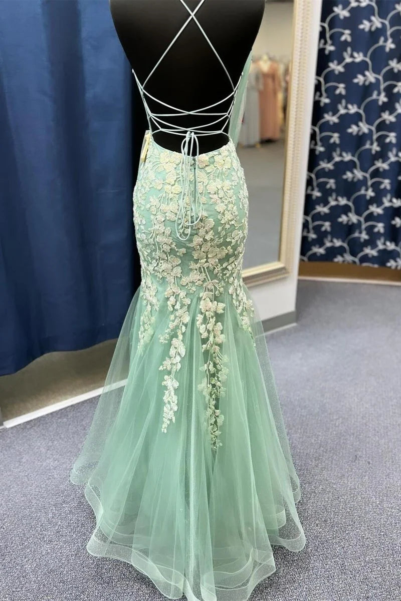 Sage Green V Neck Spaghetti Straps Mermaid Prom Dress With Appliques Hot Sale Party Dresses for Women