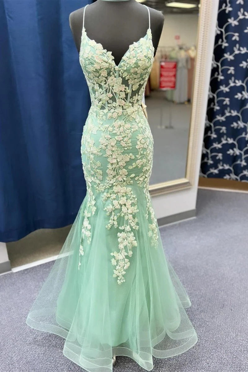Sage Green V Neck Spaghetti Straps Mermaid Prom Dress With Appliques Hot Sale Party Dresses for Women