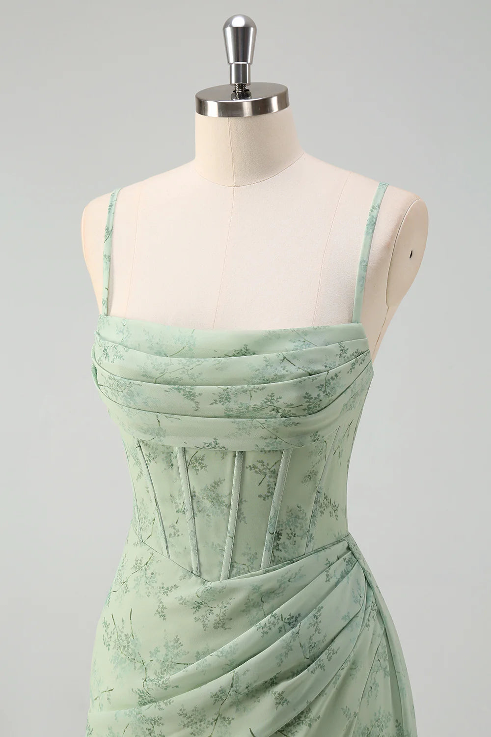 Sage Mermaid Floral Corset Ruched Spaghetti Straps Long Prom Dress with Side Slits