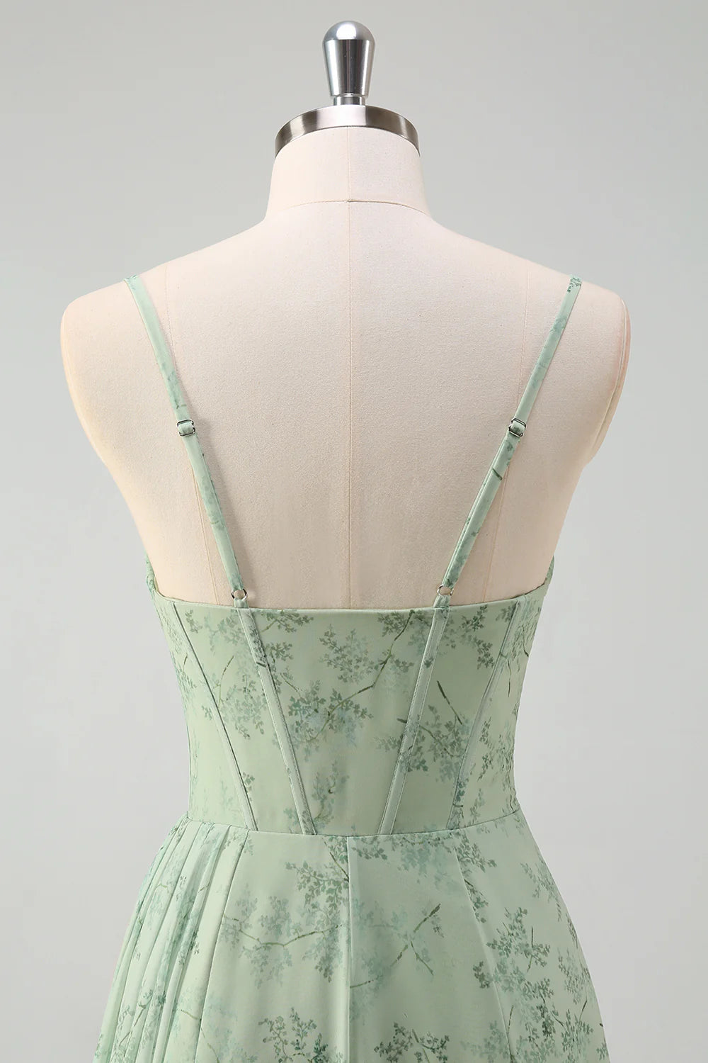 Sage Mermaid Floral Corset Ruched Spaghetti Straps Long Prom Dress with Side Slits
