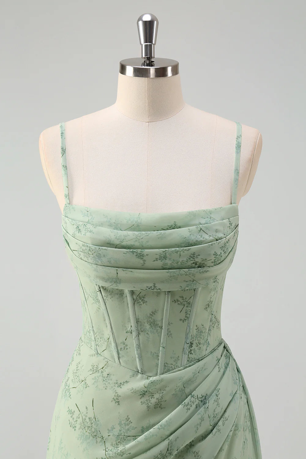 Sage Mermaid Floral Corset Ruched Spaghetti Straps Long Prom Dress with Side Slits