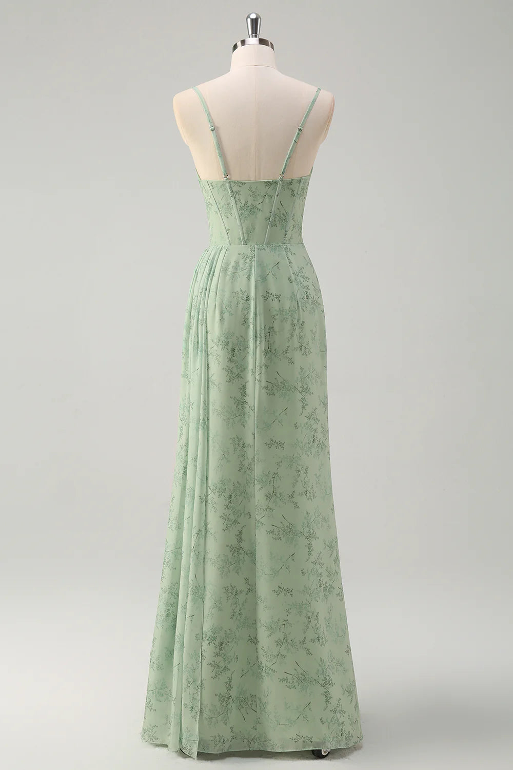 Sage Mermaid Floral Corset Ruched Spaghetti Straps Long Prom Dress with Side Slits