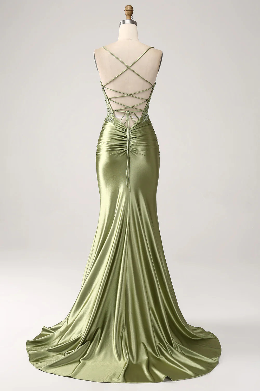 Sage Sequins Spaghetti Straps Lace-up Back Mermaid Side Slit Prom Dress With Train