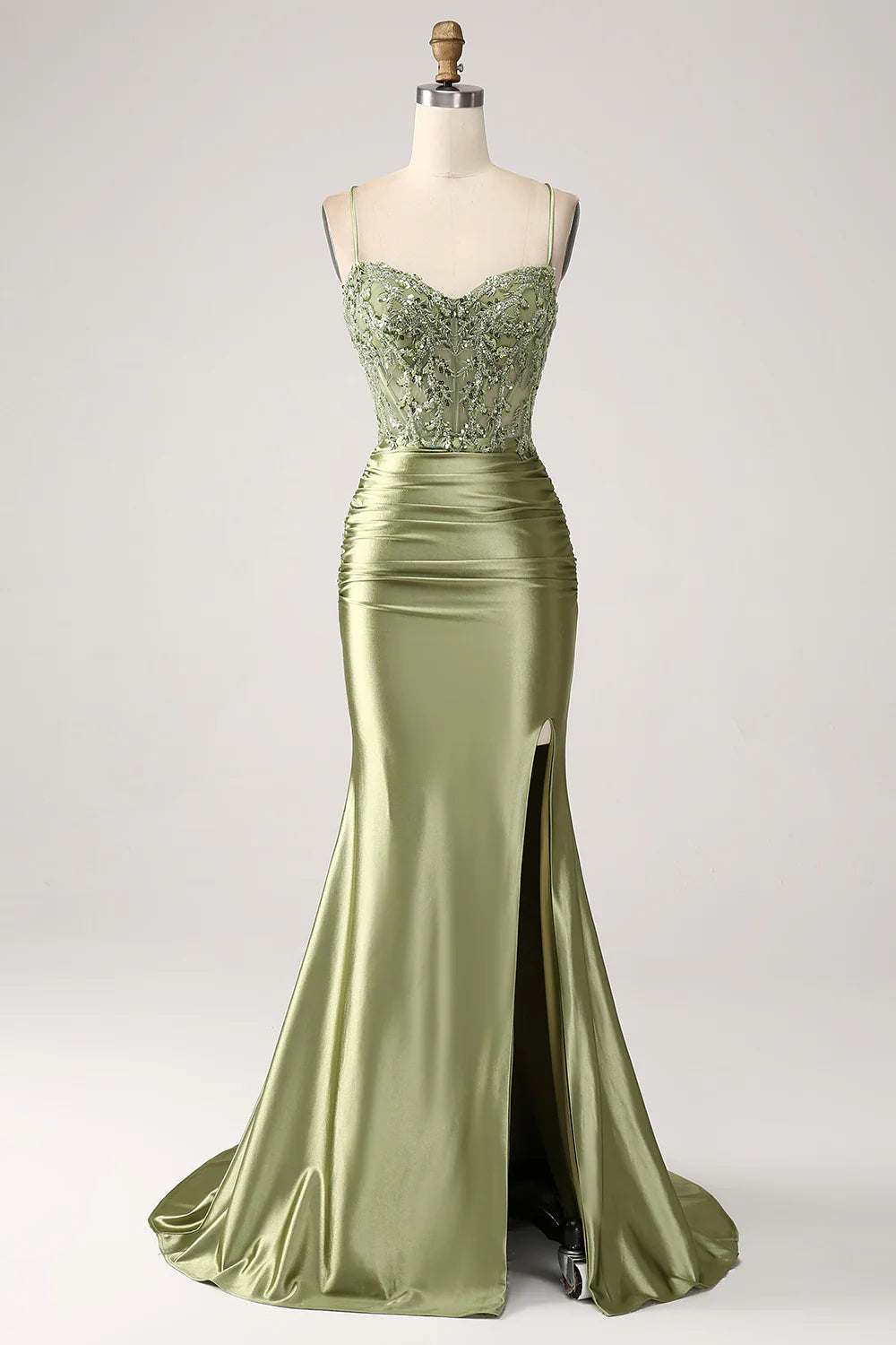 Sage Sequins Spaghetti Straps Lace-up Back Mermaid Side Slit Prom Dress With Train