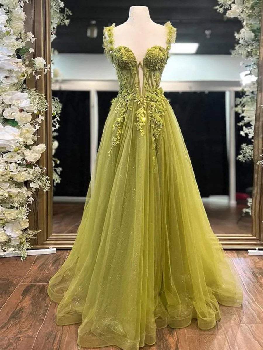 Sage Tulle A-Line Sweetheart Neck BodyCon Prom Dresses With Lace Appliques