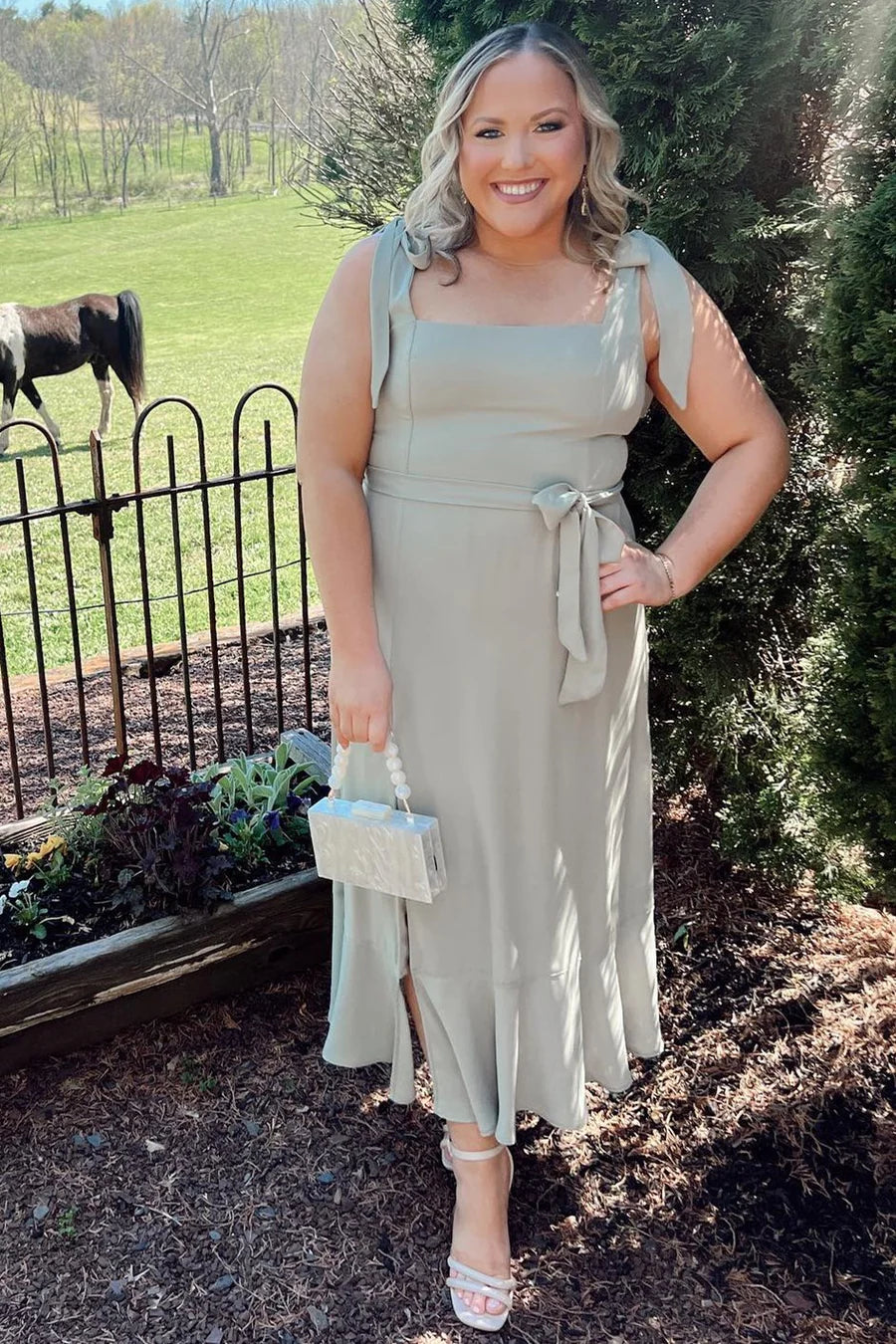 Sagebrush Square Neck Bow Strap Side Slit Midi Dress Bridesmaid Dresses