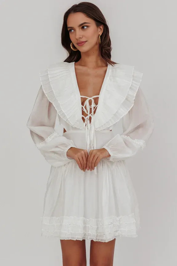 Sailor Collar Long Sleeves Pleated White Mini Homecoming Dress With Ties
