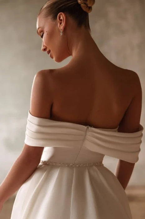 Satin Beaded Sweetheart Off-the-Shoulder Ruched Chapel Wedding Dress With Sweep Train