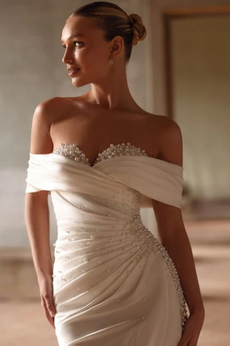 Satin Beaded Sweetheart Off-the-Shoulder Ruched Chapel Wedding Dress With Sweep Train