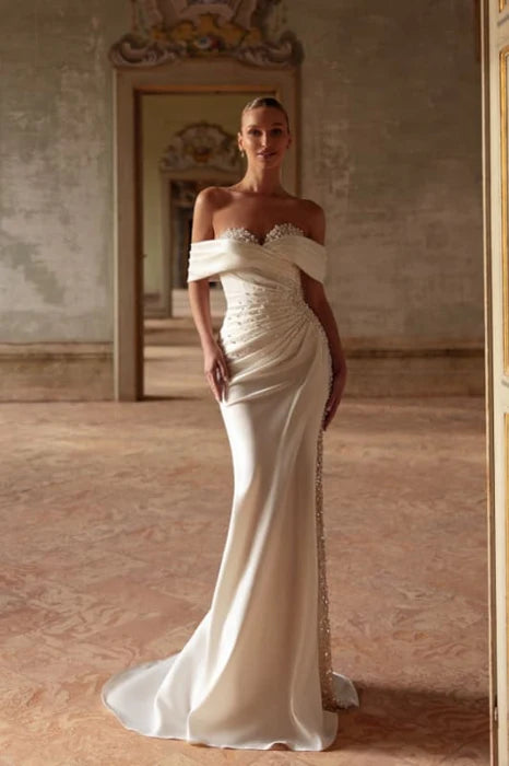 Satin Beaded Sweetheart Off-the-Shoulder Ruched Chapel Wedding Dress With Sweep Train