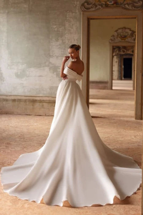 Satin Beaded Sweetheart Off-the-Shoulder Ruched Chapel Wedding Dress With Sweep Train