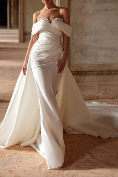 Satin Beaded Sweetheart Off-the-Shoulder Ruched Chapel Wedding Dress With Sweep Train