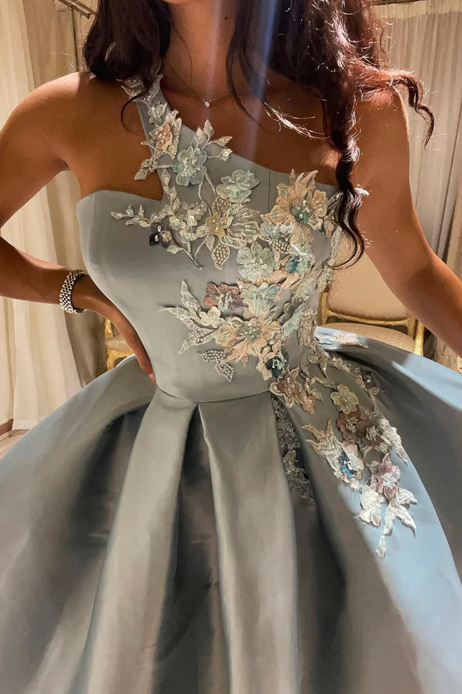 Satin Lace With Applique One Shoulder A-Line Short Prom Dress Party Dress