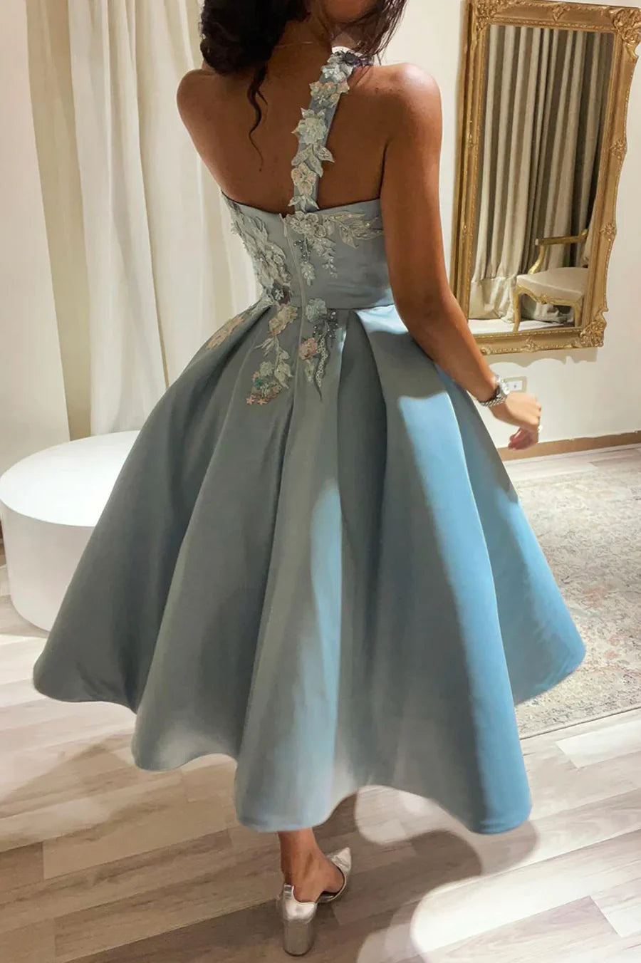 Satin Lace With Applique One Shoulder A-Line Short Prom Dress Party Dress