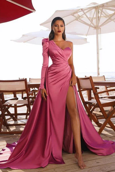 Satin One Shoulder Pleated Long Sleeves Front Split Evening Party Dresses With Sweep Train