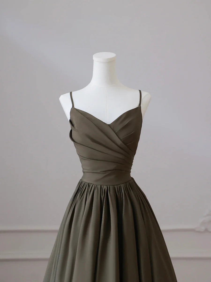 Satin Pleated V-neck Spaghetti Strap Backless A-Line Floor Length Prom Dress Party Dress