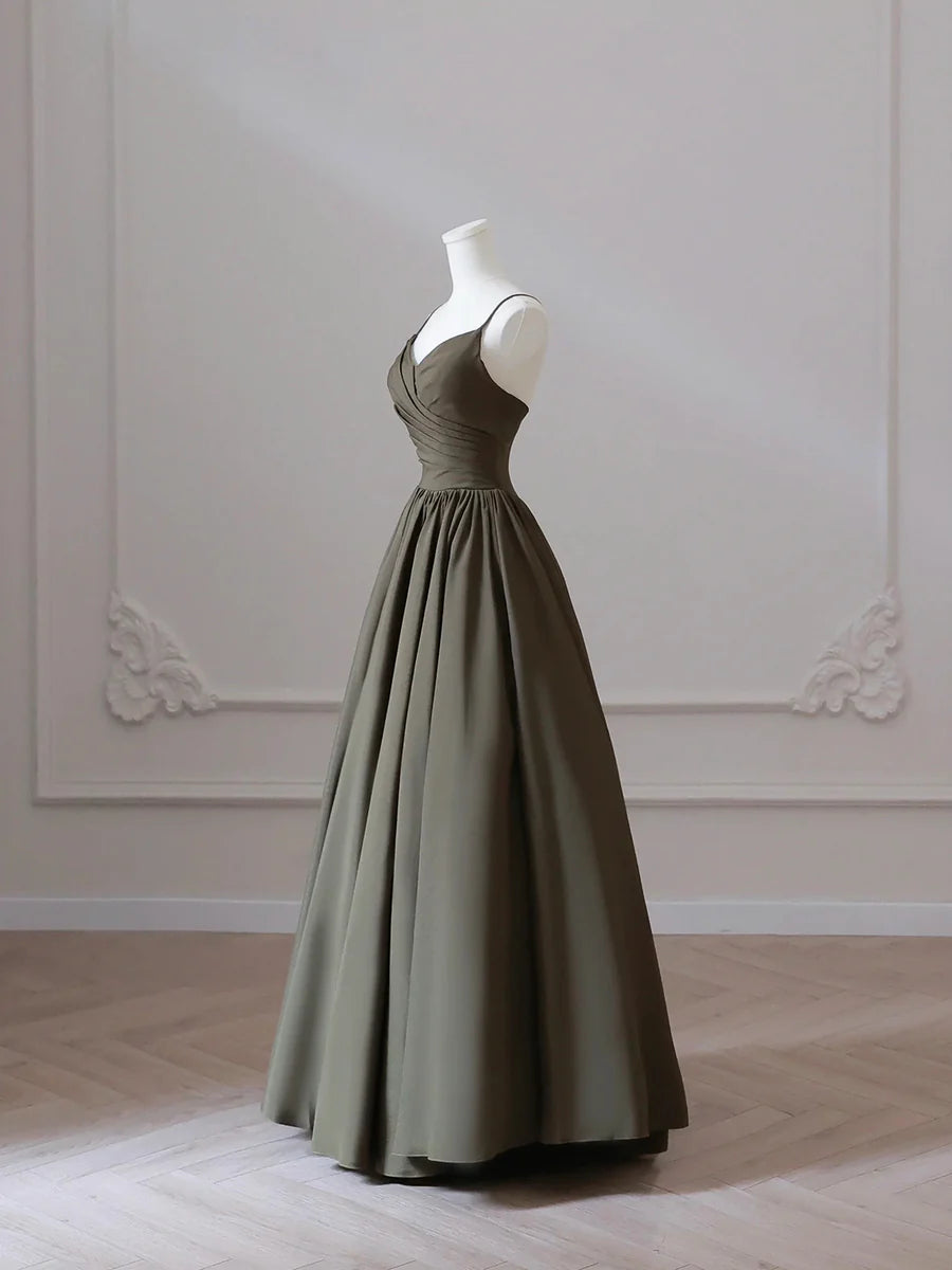 Satin Pleated V-neck Spaghetti Strap Backless A-Line Floor Length Prom Dress Party Dress