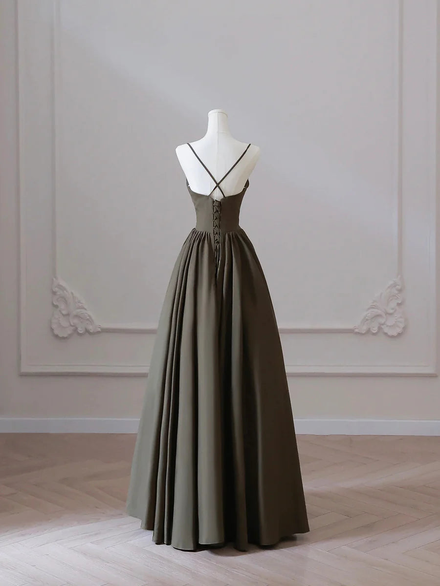 Satin Pleated V-neck Spaghetti Strap Backless A-Line Floor Length Prom Dress Party Dress