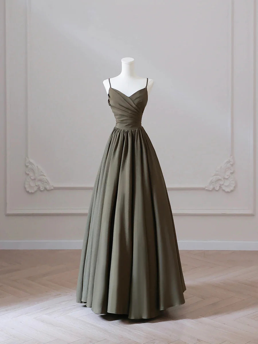 Satin Pleated V-neck Spaghetti Strap Backless A-Line Floor Length Prom Dress Party Dress