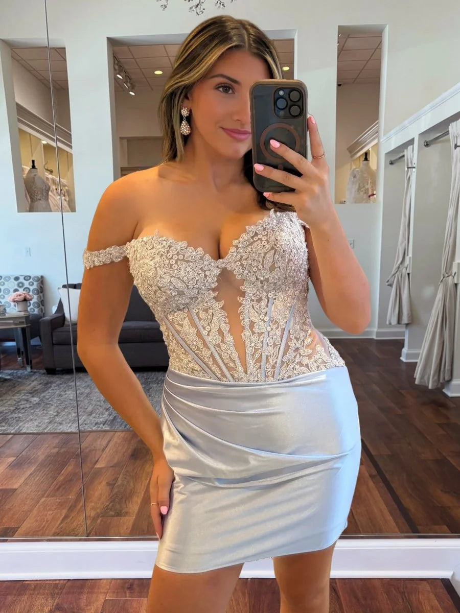 Satin Sequin Off The Shoulder Sleeveless Bodycon Pleated Short Homecoming Dresses With Appliques