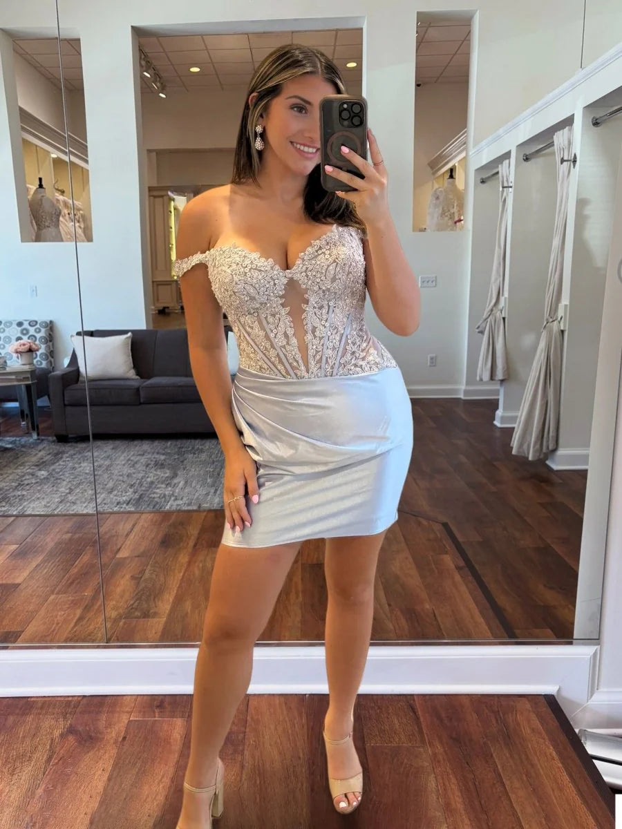 Satin Sequin Off The Shoulder Sleeveless Bodycon Pleated Short Homecoming Dresses With Appliques