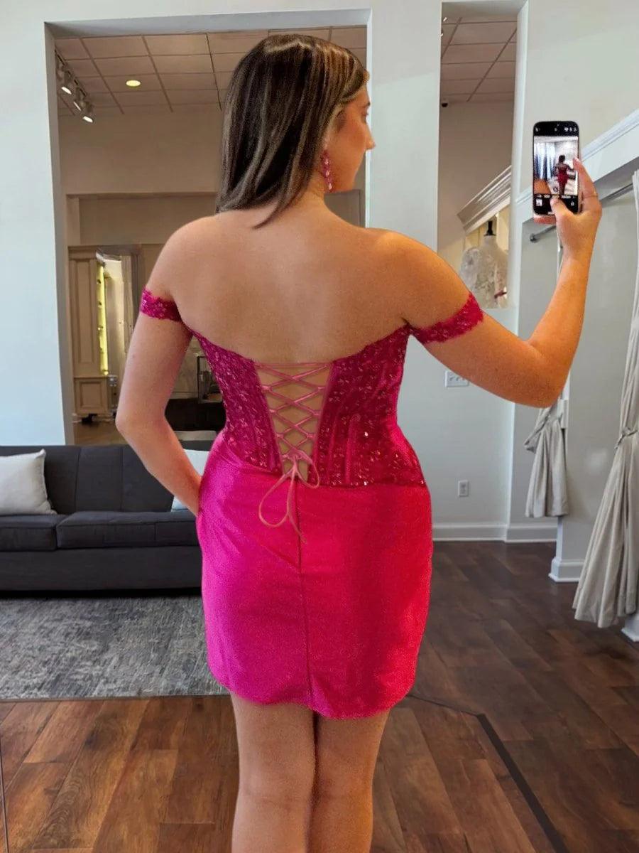 Satin Sequin Off The Shoulder Sleeveless Bodycon Pleated Short Homecoming Dresses With Appliques